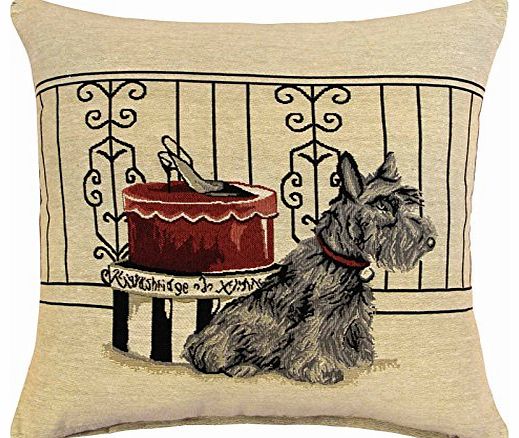 Ideal Textiles Proud Scottie Dog Vintage Tapestry Cushion Cover Machine Washable, 18`` x 18`` 45cm x 45cm, Red Cream