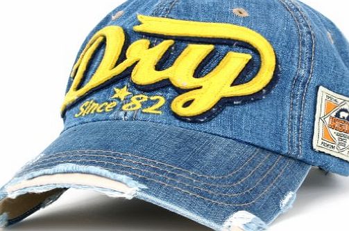 ililily Distressed Vintage Style Denim DRY Baseball Cap Pre-curved Bill and Embroidery on Front and Side wit