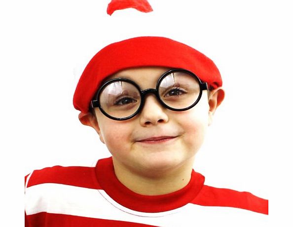 ILOVEFANCYDRESS CHILDS ``FIND ME`` HAT amp; GLASSES FANCY DRESS ACCESSORY SET BOYS GIRLS BOOK WEEK OUTFIT RED WHITE BOBBLE HAT   ROUND GLASSES