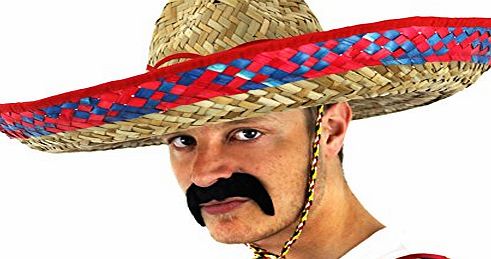ILOVEFANCYDRESS MENS MEXICAN BLUE SOMBRERO   BLACK MOUSTACHE FANCY DRESS ACCESSORY HAT TASH STRAW HOLIDAY STAG NIGHT CLUBBING BANDIT