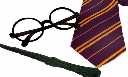 ILOVEFANCYDRESS WIZARD SET FANCY DRESS ACCESSORY COSTUME SCHOOL BOY TIE   ROUND WIZARD GLASSES   PLASTIC BRANCH WAND MAGICIAN OUTFIT