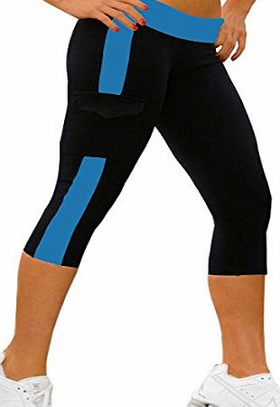 TM) Womens Tights Capri YOGA Running Pants Leggings Black+Cobalt Blue L