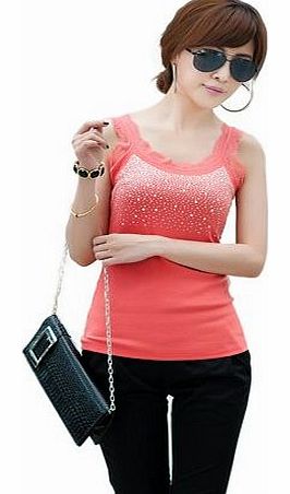 Ladies Women Lace Strip Crystal Tank Vest Tops Casual Shirt Watermelon Red