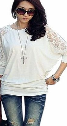 imixlot Womens Batwing Top Dolman Lace Loose T-Shirt Blouse Top Long Sleeve White L