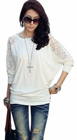 imixlot Womens Batwing Top Dolman Lace Loose T-Shirt Blouse Top Long Sleeve White M