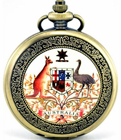 Coat of Arms of Australia Roman Numerals Hollow Skeleton Mechanical Pocket Watch
