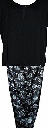 Innovations Ladies Short Sleeved Pyjamas Black Jersey Button Front Top. Black Floral Design Satin Trousers. Sizes 14/16 18/20 22/24 26/28 30/32 (18-20)