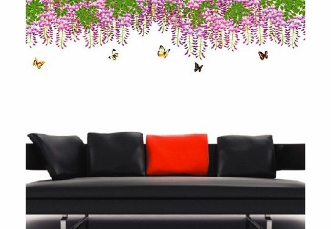 Instylewall Home Decorative Mural Decal Art Vinyl Wall Sticker Purple Flower Curtain Green Leaf Butterfly Wallpaper