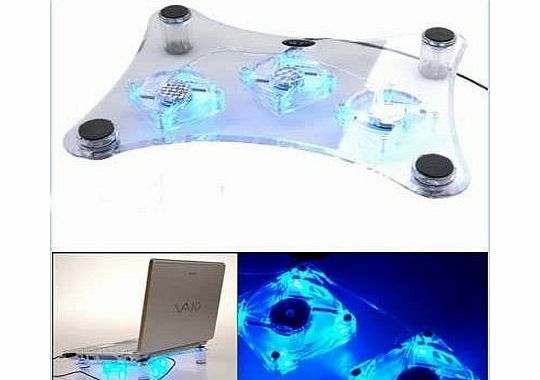 USB Crystal Blue Light 3 Cooling Cooler Fans ideal for Laptops, Notebooks, Xbox 360, Playstation 3, DVD / Blu-Ray Players - Simple Plug & Play via USB Supplied (No Power Adaptor Required)
