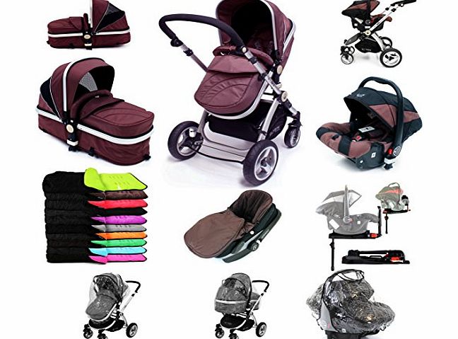 i-Safe System + iSOFIX Base - Hot Chocolate Trio Travel System Pram & Luxury Stroller 3 in 1 Complete With Car Seat + Footmuff + Carseat Footmuff + RainCovers