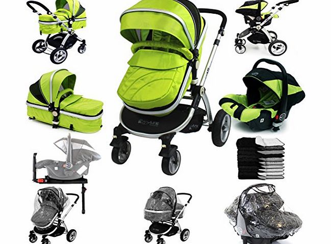 i-Safe System + iSOFIX Base - Lime Trio Travel System Pram & Luxury Stroller 3 in 1 Complete With Car Seat + Footmuff + Carseat Footmuff + RainCovers