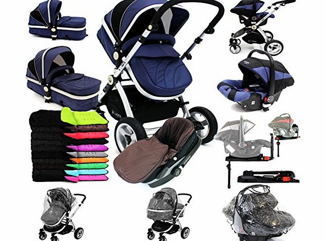 i-Safe System + iSOFIX Base - Navy Trio Travel System Pram & Luxury Stroller 3 in 1 Complete With Car Seat + Footmuff + Carseat Footmuff + RainCovers