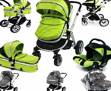 i-Safe System - Lime Trio Travel System Pram & Luxury Stroller 3 in 1 Complete With Car Seat + Footmuff + Carseat Footmuff + RainCovers