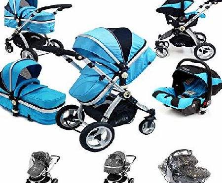 i-Safe System - Ocean Trio Travel System Pram & Luxury Stroller 3 in 1 Complete With Car Seat + Footmuff + Carseat Footmuff + RainCovers