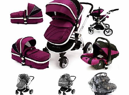 i-Safe System - Plum Trio Travel System Pram & Luxury Stroller 3 in 1 Complete With Car Seat + Footmuff + Carseat Footmuff + RainCovers