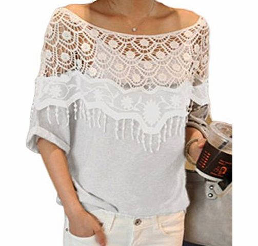 ISASSY Sexy Womens Hollow back Floral Lace Crochet Poncho Shoulder Blouse Short Batwing Sleeve Bat sleeve T Shirt Top Grey