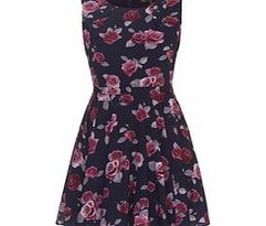 Navy sleeveless rose print dress