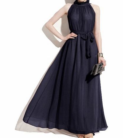 Izaac Elegant Summer Chiffon Ruffle Neck Sleeveless Evening Ball Gown Long Maxi Dress With chiffon belt (black)