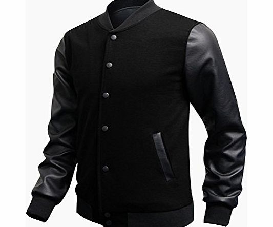 Men Luxury pu leather Sleeve Baseball Jacket Coats Outerwear Sweatshirt (UK L/Tag XXL, black)