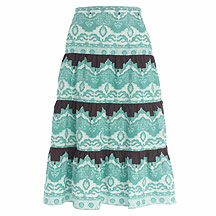 Turquoise/chocolate paisley print tiered skirt