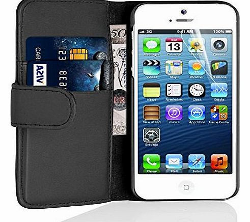 Black Slim Leather Wallet Protective Flip Case Cover for the iPhone 5 and 5S, Screen Protector Included