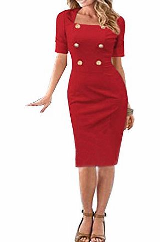 Janecrafts New Summer Chic Ladys Red Double-breasted Slim Fit Vintage Sewing Formal Party Prom OL Dress (L)