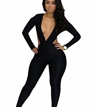 Janecrafts Womens New Fashion Celebrity Sexy Bodycon Deep V-neckline Backless Jumpsuits Leggings (L, Black)