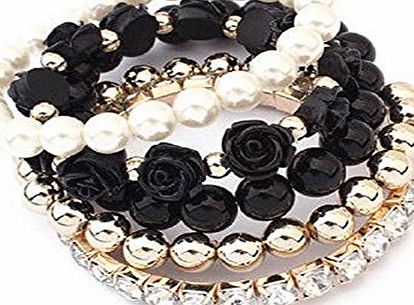JaneDream Acrylic Rose Flower Round Faux Pearl Rhinestone Crystal Elastic Bracelet
