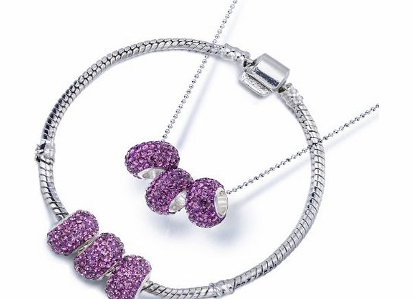 Swarovski Crystal Elements Charm Beads Necklace amp; Bangle Bracelet Set in Pandora Style, Silver Rhodium Fine Chain. Great Price for Luxury Style Jewellery. Also Sold Individually. 5 Stunning Colour