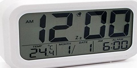 JCC Automatic Night Glow Smart Light-activated Sensor Bedside Digital Snooze Alarm Clock with Date and Temperature Display (White)