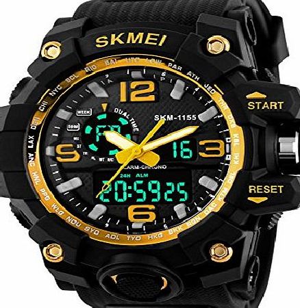 Jelercy Dual Dial Analog Digital Quartz Electronic LED Display 5ATM 50M Waterproof Running Oversized Face Sports Watches for Men,Gold