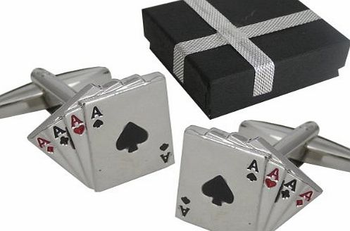 Jemz Mens Cufflinks - 4 Aces - For the Card Player - in a BROWN Magnetic Cufflink Gift Box