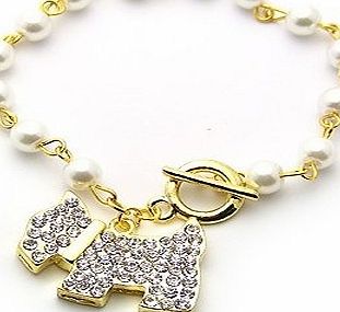 Gold Pearl Crystal Puppy Dog Scottish Terrier Scotty Scottie Jewellery Bracelet + Gift Bag