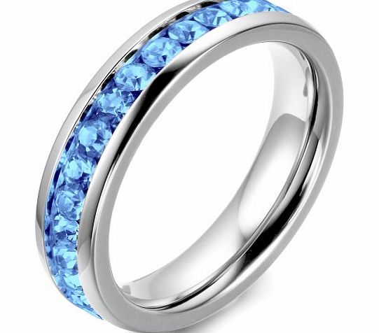 JewelryWe Womens Channel Set Sparkly Aquamarine Blue Rhinestones Stainless Steel Eternity Ring Wedding Band: UK Size - L