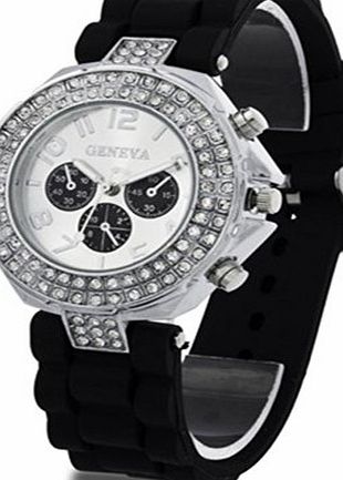 Jiangwei Fashion Base Diamond Crystal Candy Color Jelly Silicone Band Ladies Watch Black