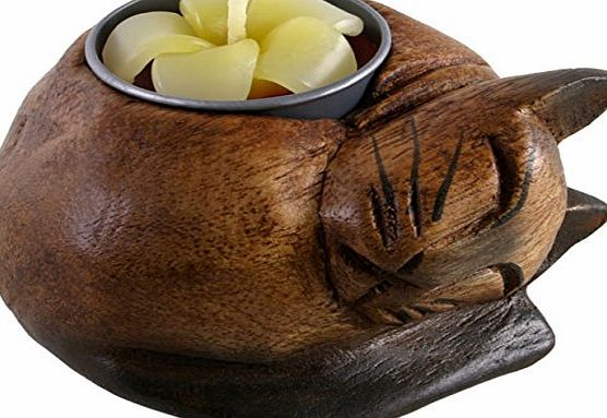 Jones Home and Gift Curled Cat Wooden Tealight Holder, Multi-Colour