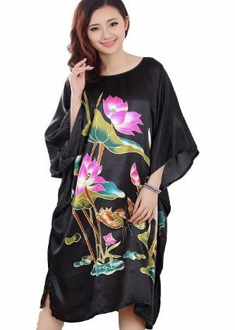 JTC Chinese Silk Ladies Lingerie Robe Dressing Gown Nightwear Womens Clothing Sleepwear Nightdress 4Colors (Black)