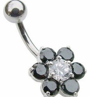 Jules Body Jewellery Belly Bars-Small Sterling Silver Black Jewelled Flower Belly Bar-8mm Size