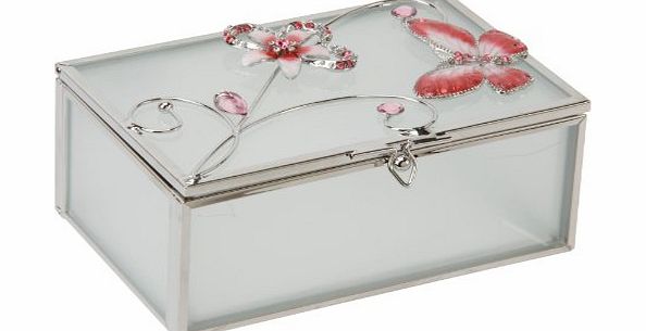 Glass amp; Wire Red Butterfly amp; Flowers Jewellery Trinket Box
