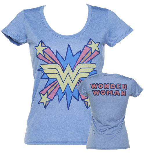 Ladies Blue Wonder Woman Logo Scoop Neck T-Shirt