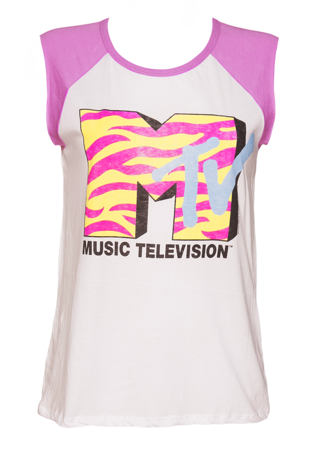 Ladies White and Pink Striped MTV Logo Raw Edge