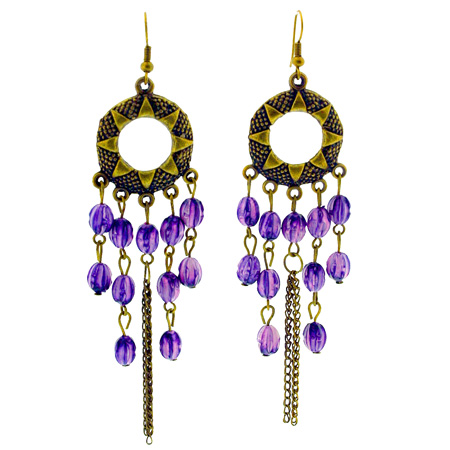 Purple Beaded And Chain Dangling Earrings