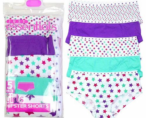Just Essentials Girls 5 Pack Patterned Cotton Hipster Briefs Knickers Underwear from 5 to 13 Years