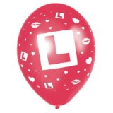 Just For Fun Latex 11 inch Printed Balloons (pack of 6) - Hen Night: L Plate - Red and Pearl Mix