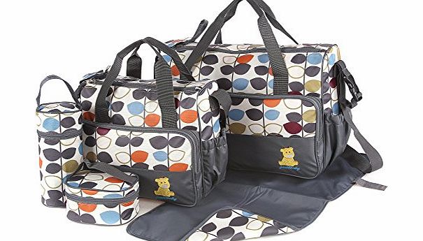 just4baby Laminated Water Proof Insulated Thermal 5pcs Baby Nappy Changing Hospital Bag (Grey Leaves)