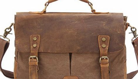 Kattee Retro Designer mens canvas leather satchel messenger shoulder tote bag briefcase Khaki