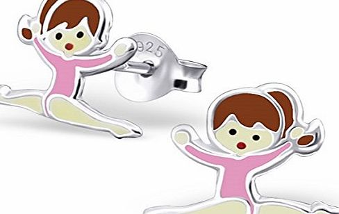 Katy Craig Pair of Small Childrens Sterling Silver Gymnastics Girl with Pink Leotard Stud Earrings