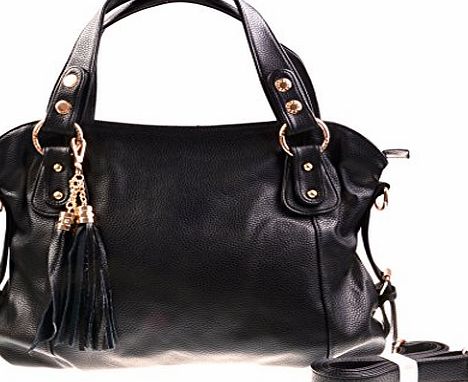 KISS GOLD Womens Premium Leather Top Handle Bag Handbag CrossBody Bag (Black)