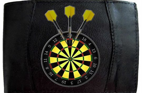 Dartboard Yellow Darts Mens Soft Black Leather Wallet Novelty Sport Printed Picture