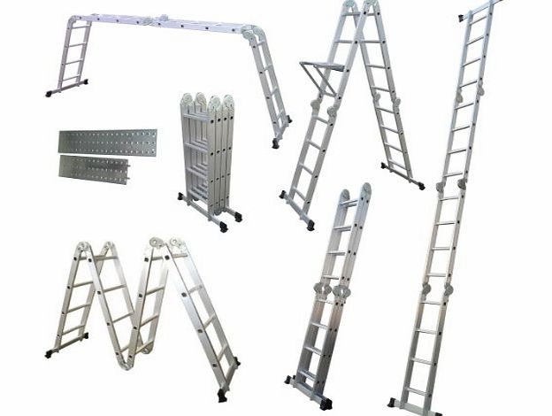 KMS FoxHunter Quality 4.7M 14 in 1 Multi Purpose Folding Aluminium Ladder Multi Function with 2 Scaffold Working Plates and 1 Tool Tray